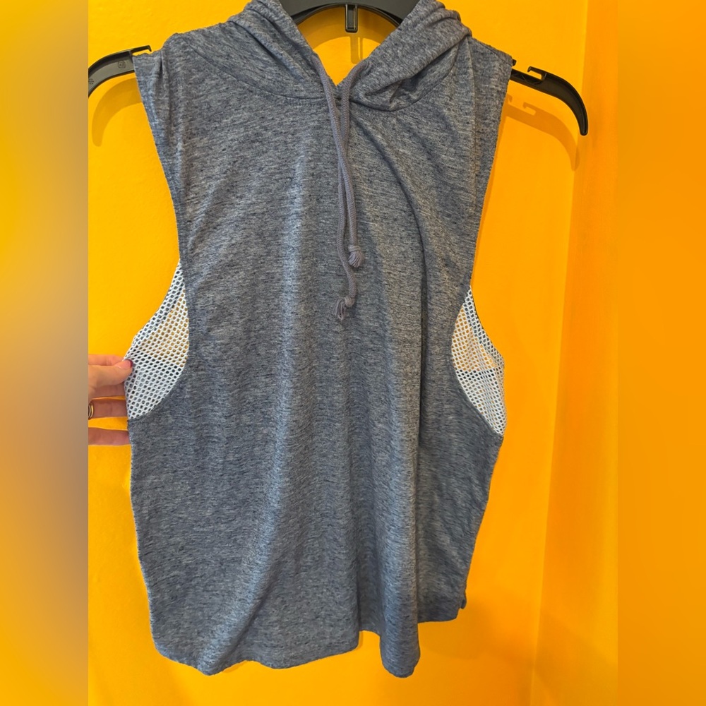 SO dark blue Sleeveless Hooded Tank with light blue Mesh Insets